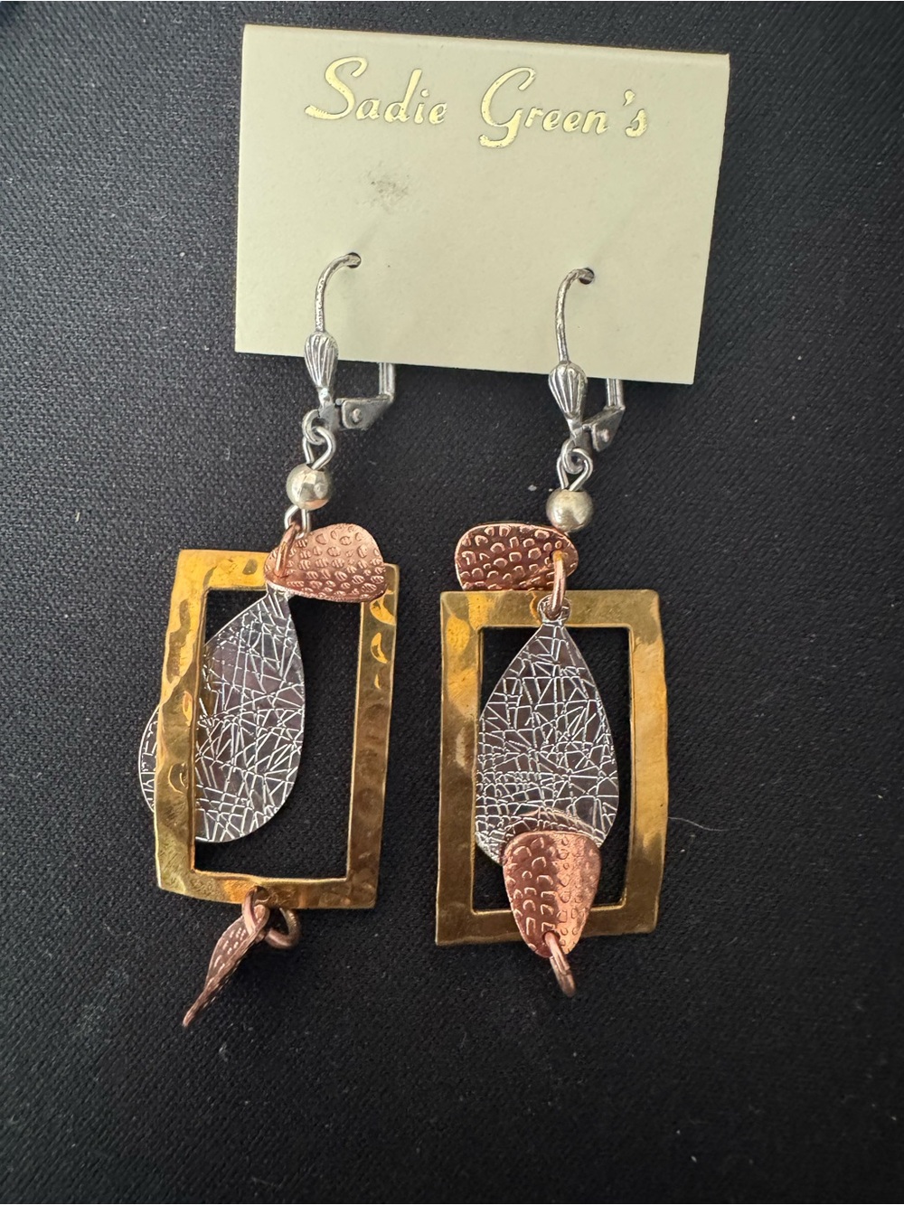 Mixed Metal Rectangle Drop Earrings - Gold, Copper & Silver by